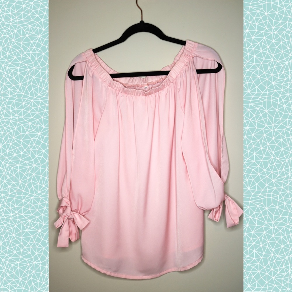 Pink Off the Shoulder Satin Top with Bow Sleeves